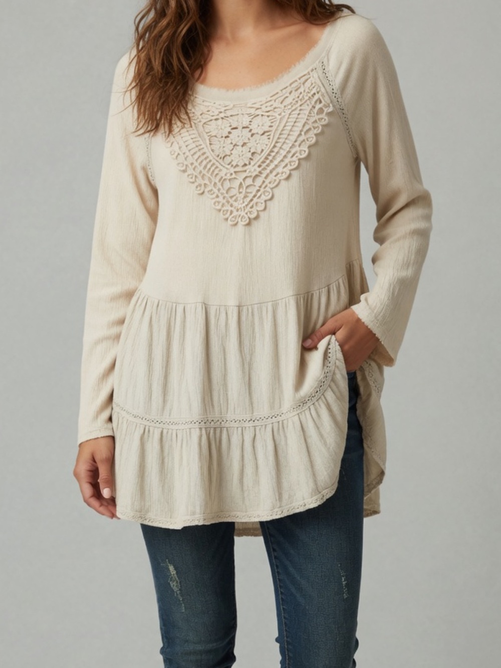 Meadow Rue Tan Cream Tiered Tunic Top XS